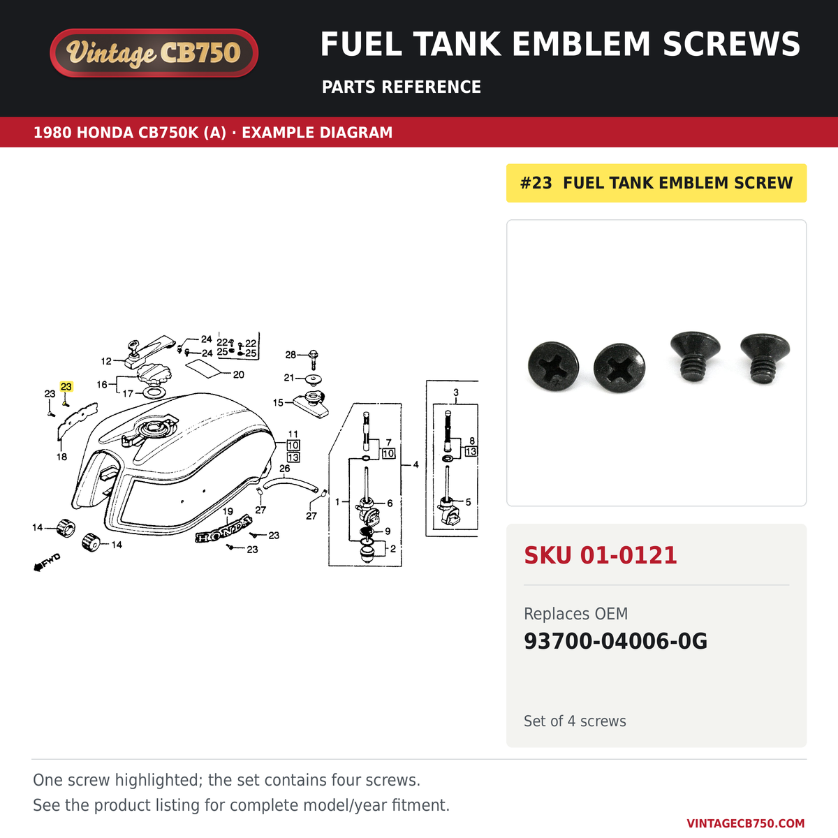 Honda CB750 CB650 Fuel Tank Emblem Screw Set – VintageCB750