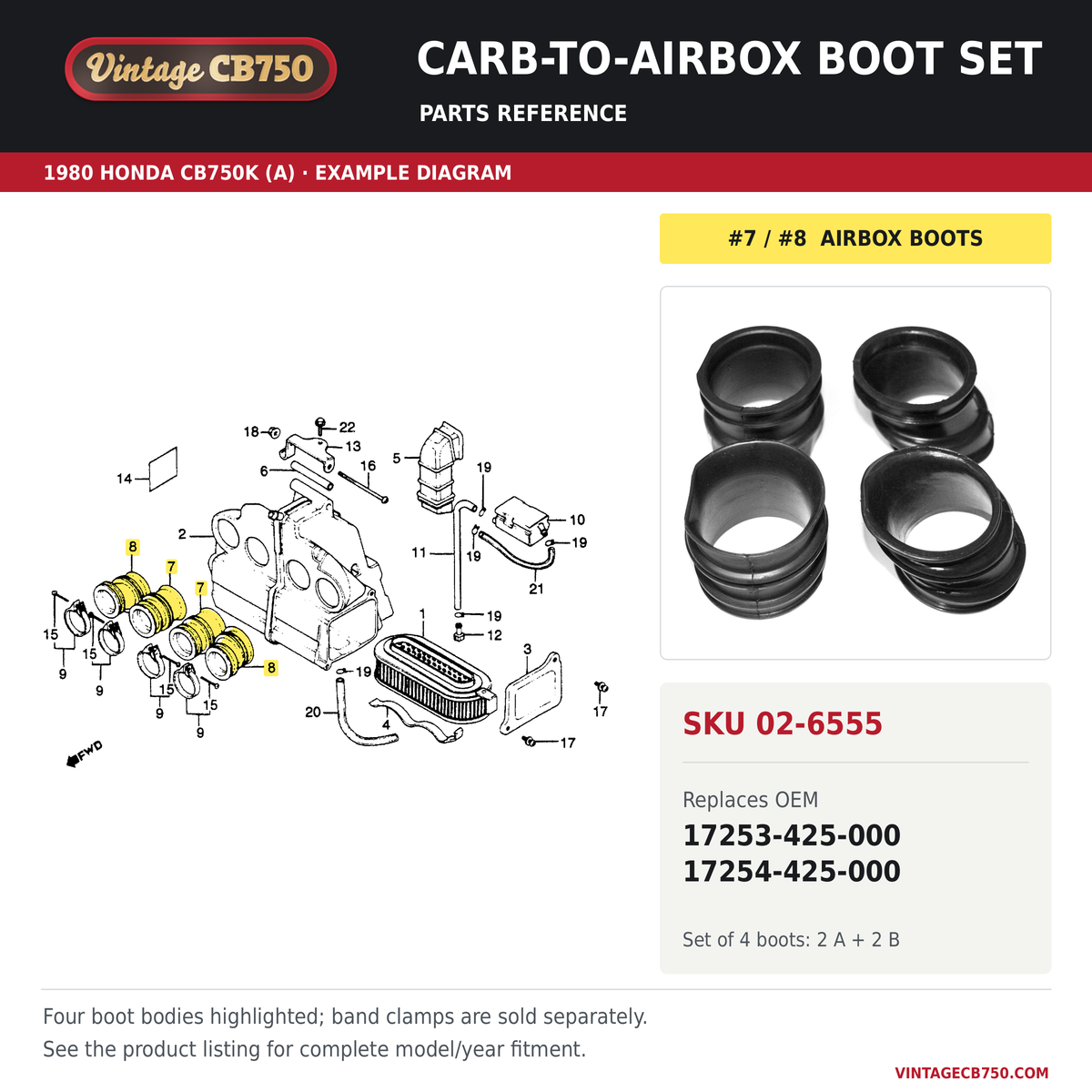 1979-83 Honda CB750 Carb Airbox Rubber Boot Set 17253-425-000