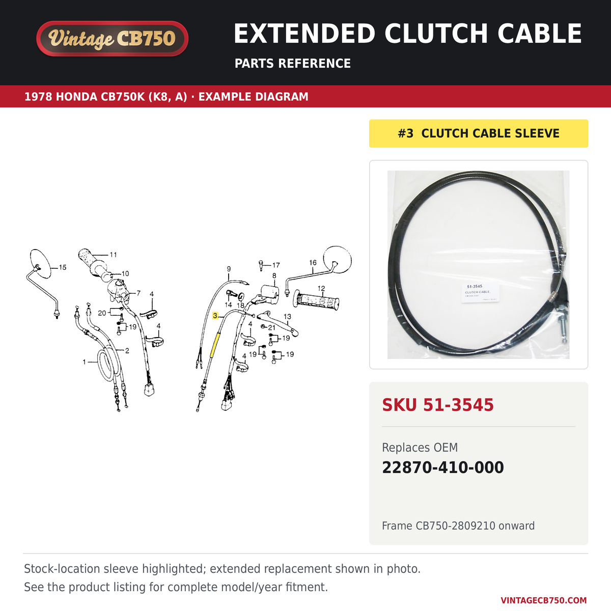 Honda CB750 Clutch Cable 10 in. Extended 22870-410-000 – VintageCB750