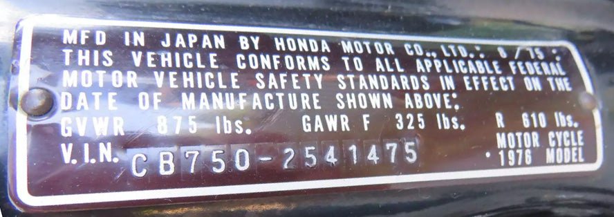 
Honda CB750 identification plate showing frame number and model year