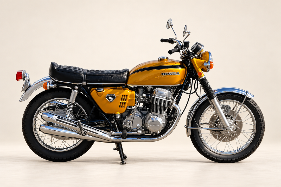 Gold 1970 Honda CB750K motorcycle on a warm neutral studio background