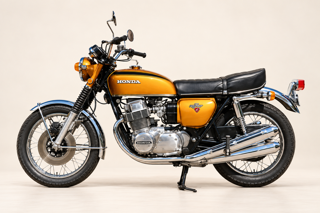 Gold 1971 Honda CB750K motorcycle in a studio side view