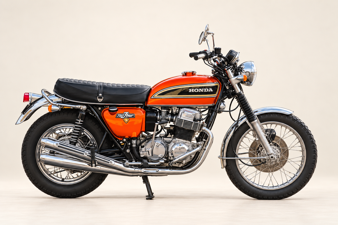 Orange-red 1973 Honda CB750K motorcycle in a studio side view