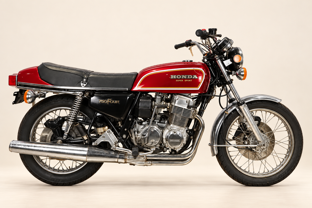 Red 1975 Honda CB750F motorcycle in a studio side view