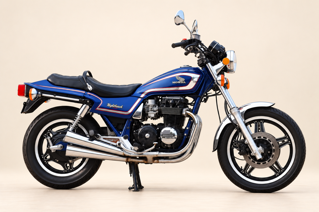 1982 Honda CB650SC Nighthawk motorcycle in studio view