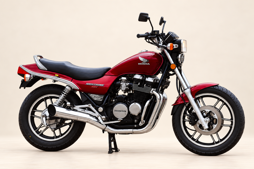 1985 Honda CB650SC Nighthawk motorcycle in studio view