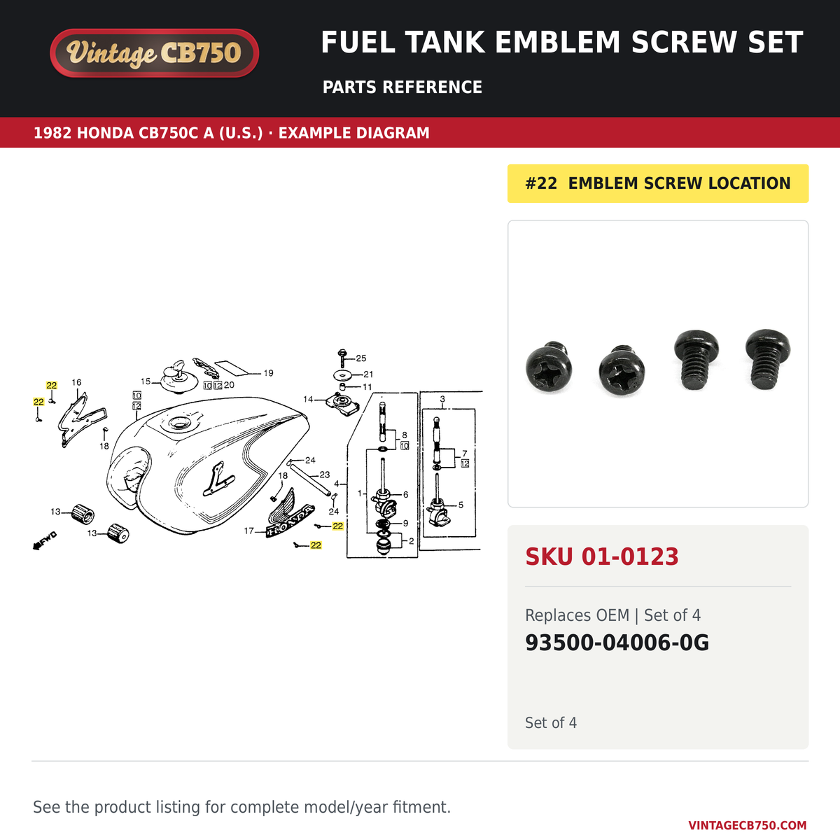 VintageCB750 parts reference, SKU 01-0123. 1982 Honda CB750C A | U.S. dealer | original serial limits unverified example. OEM 93500-04006-0G.