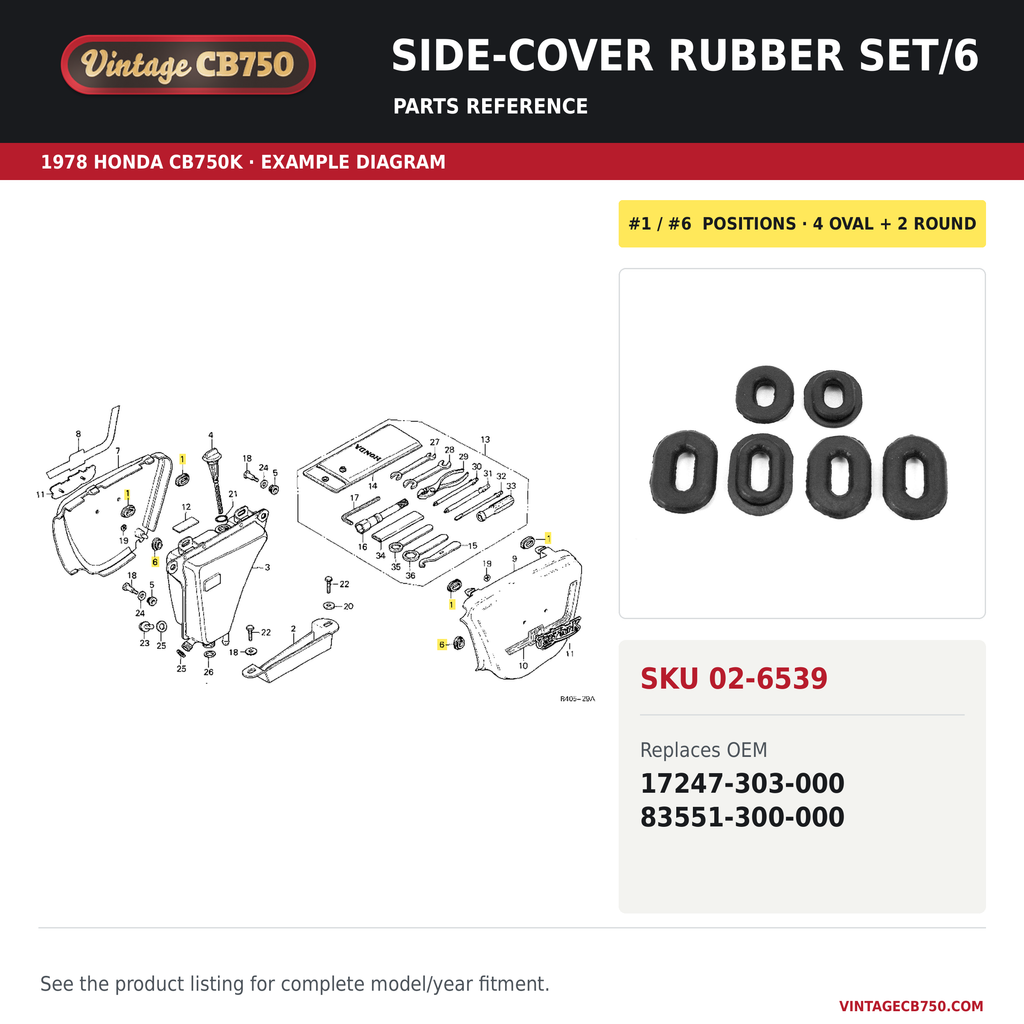 VintageCB750 parts reference, SKU 02-6539. 1978 Honda CB750K example. OEM 17247-303-000, 83551-300-000.