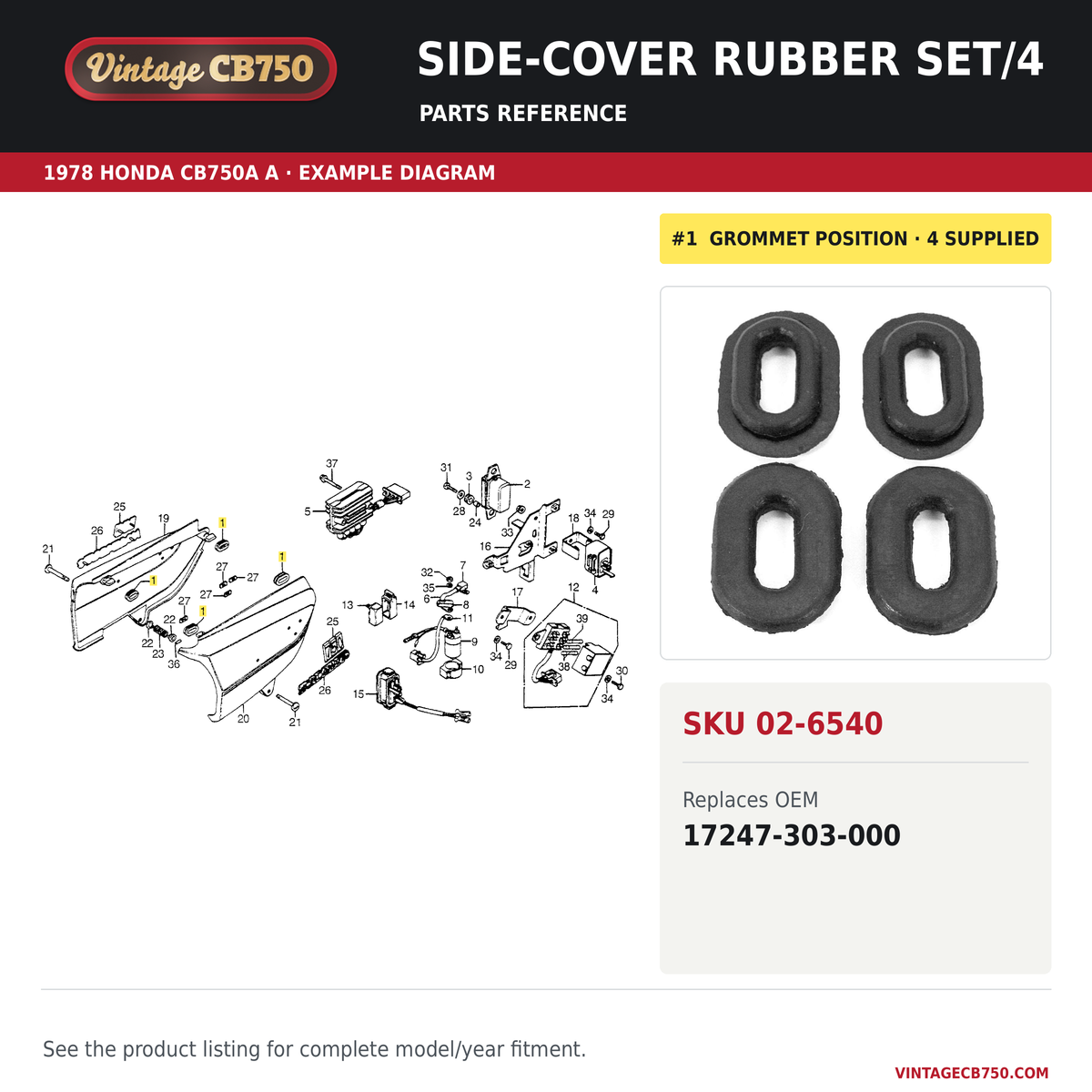VintageCB750 parts reference, SKU 02-6540. 1978 Honda CB750A A example. OEM 17247-303-000.