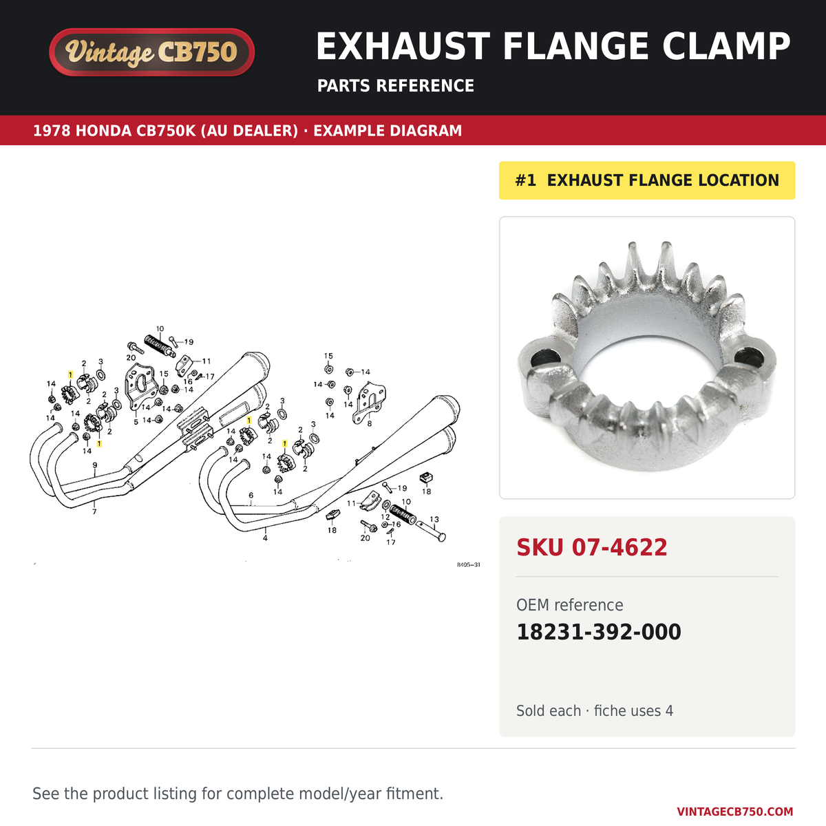 VintageCB750 parts reference, SKU 07-4622. 1978 Honda CB750K (AU dealer; serial limits unverified) example. OEM 18231-392-000.