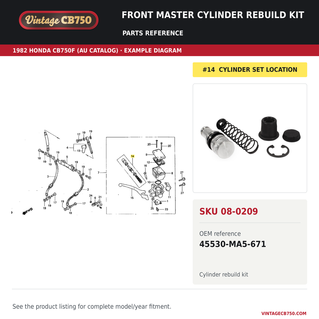 VintageCB750 parts reference, SKU 08-0209. 1982 Honda CB750F (AU catalog; serial/type unverified) example. OEM 45530-MA5-671.