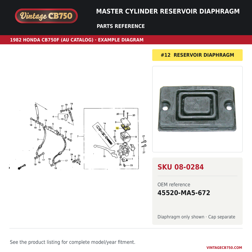 VintageCB750 parts reference, SKU 08-0284. 1982 Honda CB750F (AU catalog; serial/type unverified) example. OEM 45520-MA5-672.