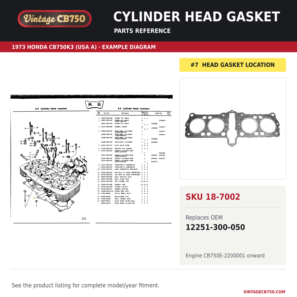 VintageCB750 parts reference, SKU 18-7002. 1973 Honda CB750K3 (USA A) example. OEM 12251-300-050.