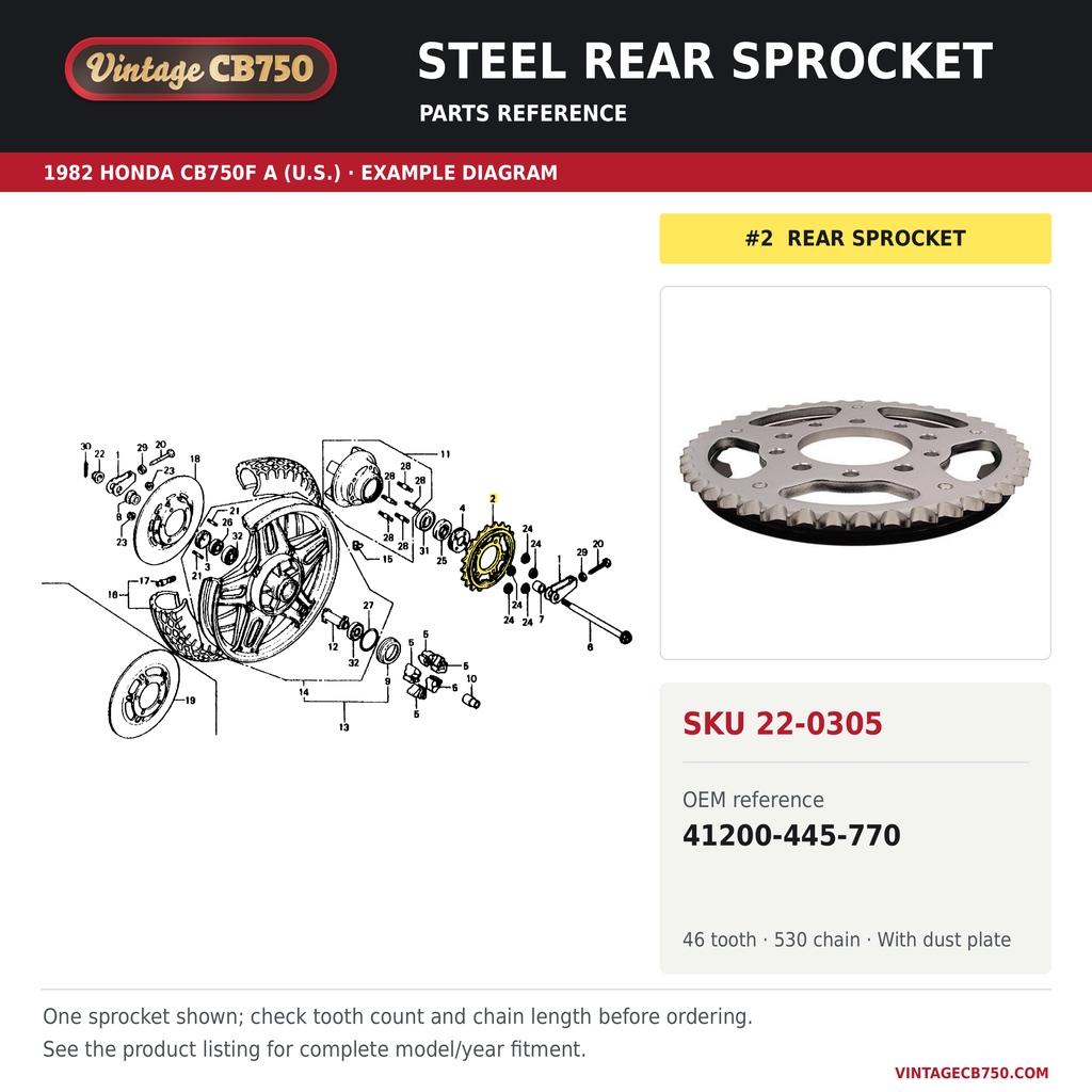 VintageCB750 parts reference, SKU 22-0305. 1982 Honda CB750F A (U.S.; serial limits unverified) example. OEM 41200-445-770.