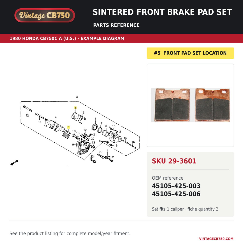 VintageCB750 parts reference, SKU 29-3601. 1980 Honda CB750C A (U.S.; serial limits unverified) example. OEM 45105-425-003, 45105-425-006.