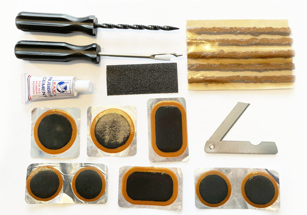 Universal motorcycle tire repair kit with plug tools patches rubber cement and repair supplies