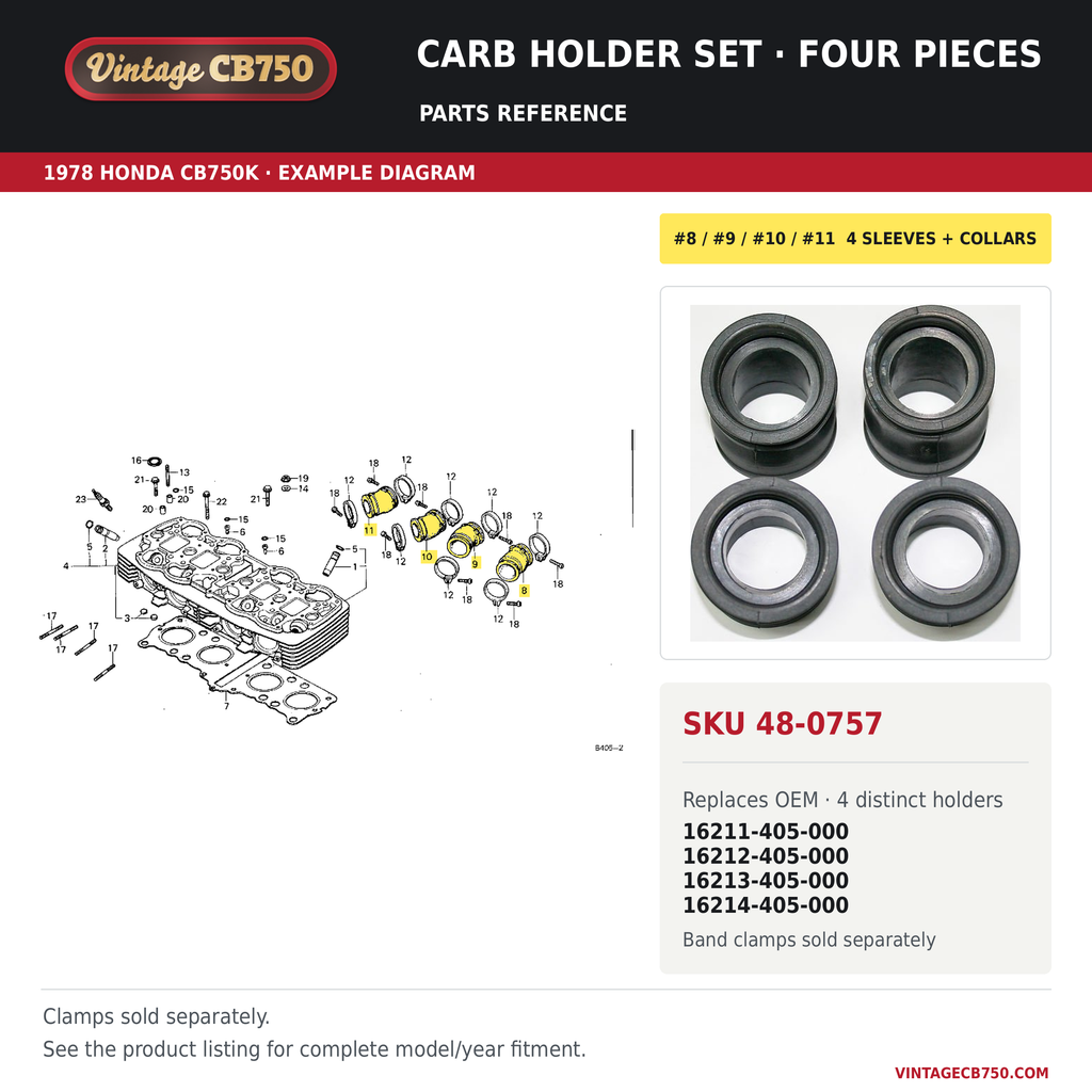 VintageCB750 parts reference, SKU 48-0757. 1978 Honda CB750K example. OEM 16211-405-000, 16212-405-000, 16213-405-000, 16214-405-000.