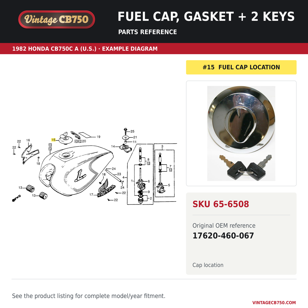 VintageCB750 parts reference, SKU 65-6508. 1982 Honda CB750C A (U.S.) example. OEM 17620-460-067.