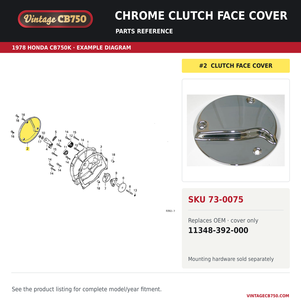VintageCB750 parts reference, SKU 73-0075. 1978 Honda CB750K example. OEM 11348-392-000.