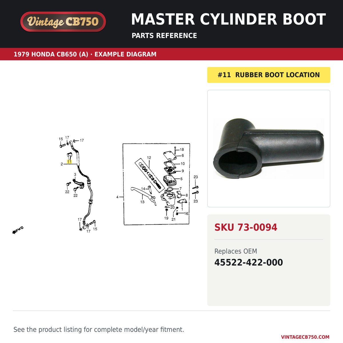 VintageCB750 parts reference, SKU 73-0094. 1979 Honda CB650 (A) example. OEM 45522-422-000.