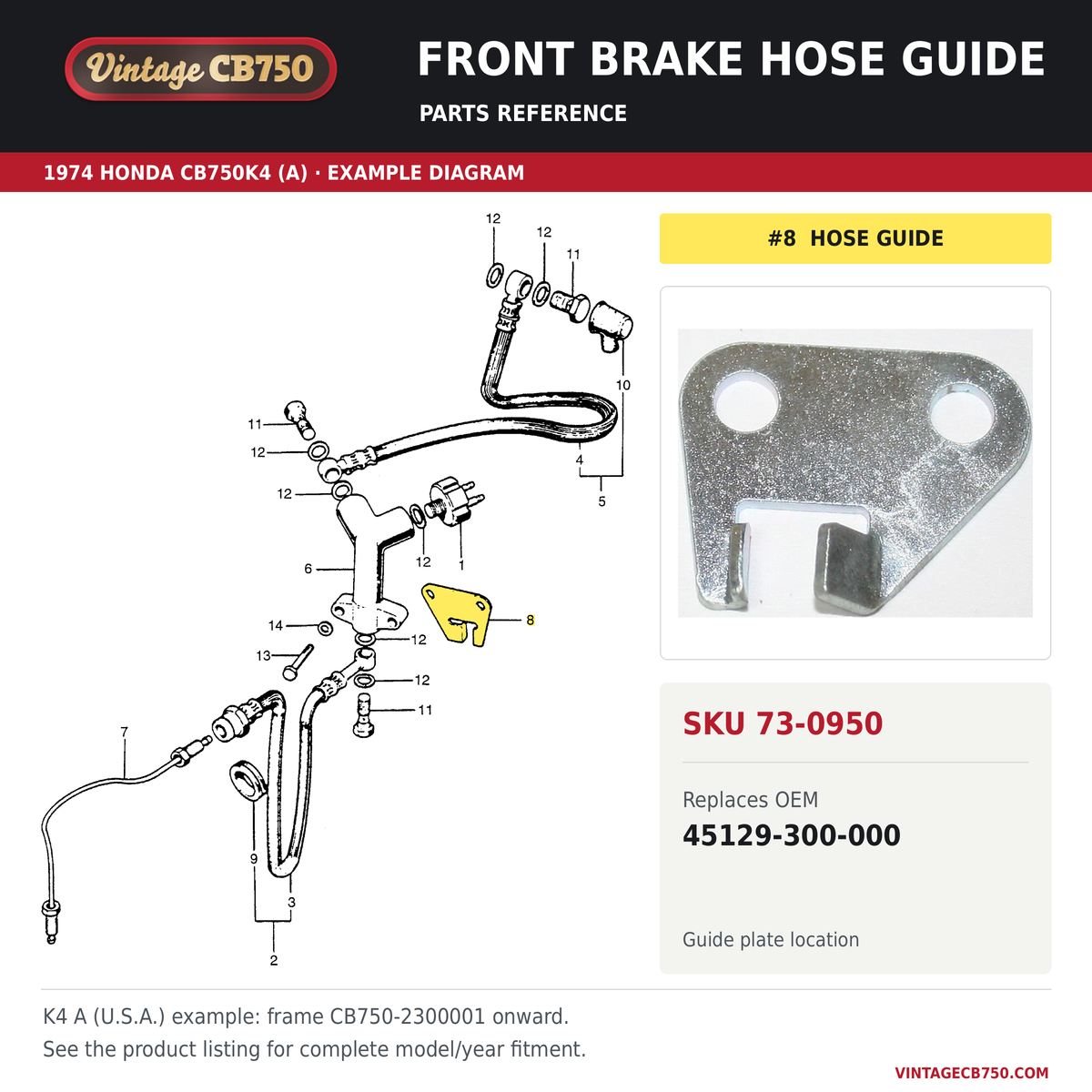 VintageCB750 parts reference, SKU 73-0950. 1974 Honda CB750K4 (A) example. OEM 45129-300-000.