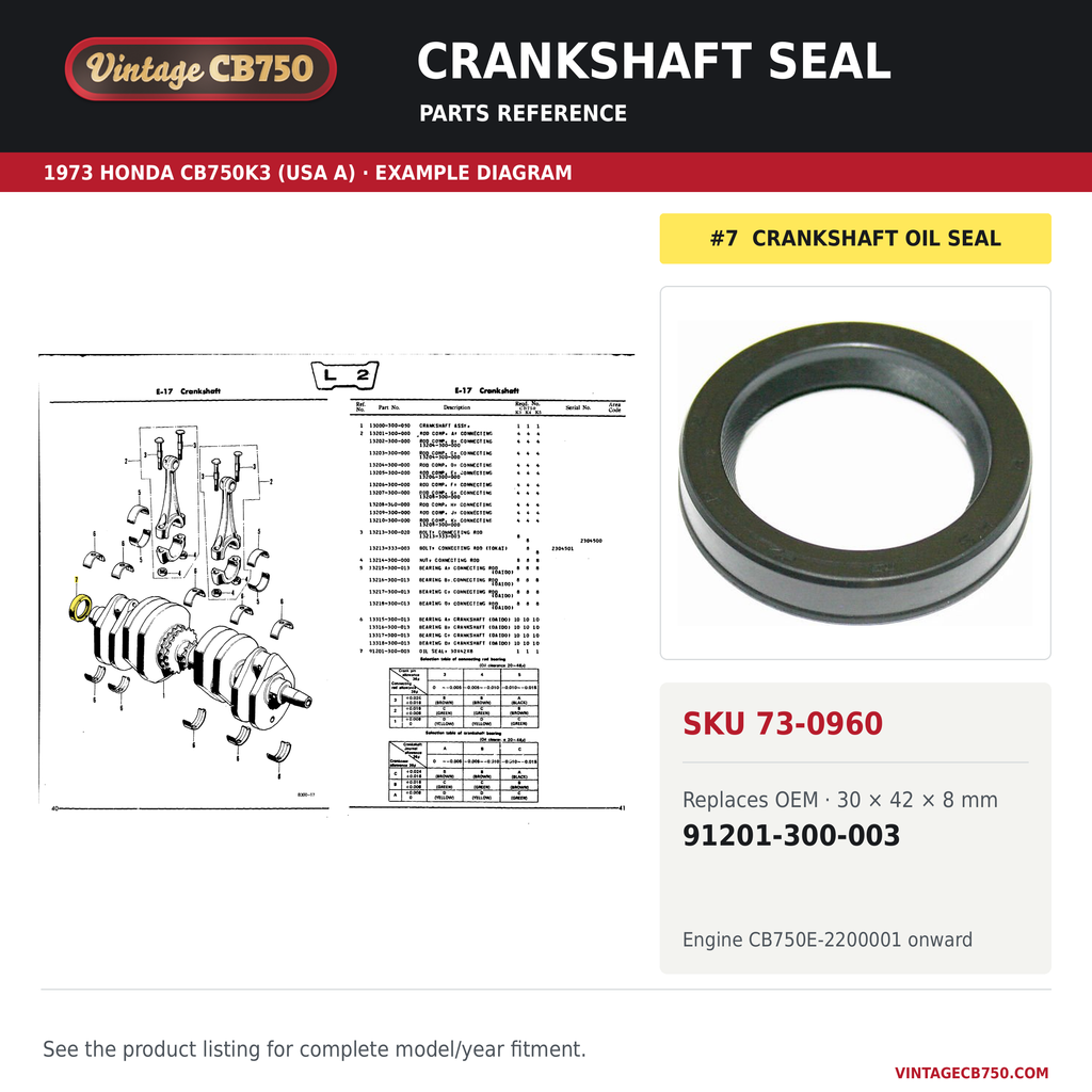 VintageCB750 parts reference, SKU 73-0960. 1973 Honda CB750K3 (USA A) example. OEM 91201-300-003.
