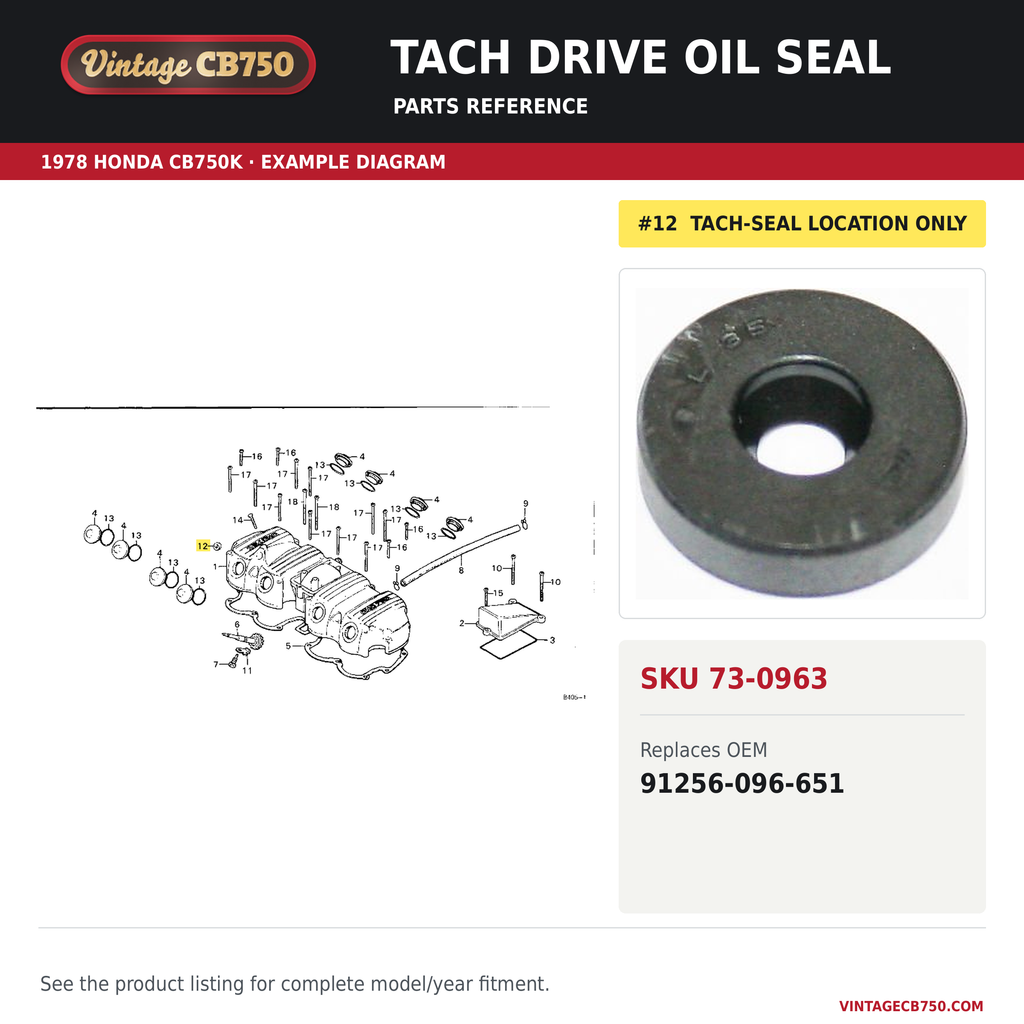 VintageCB750 parts reference, SKU 73-0963. 1978 Honda CB750K example. OEM 91256-096-651.
