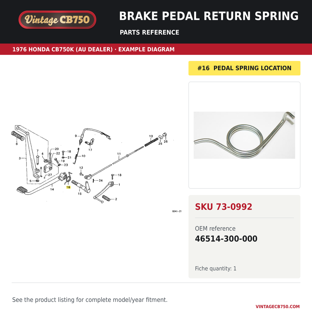 VintageCB750 parts reference, SKU 73-0992. 1976 Honda CB750K (AU dealer; serial limits unverified) example. OEM 46514-300-000.