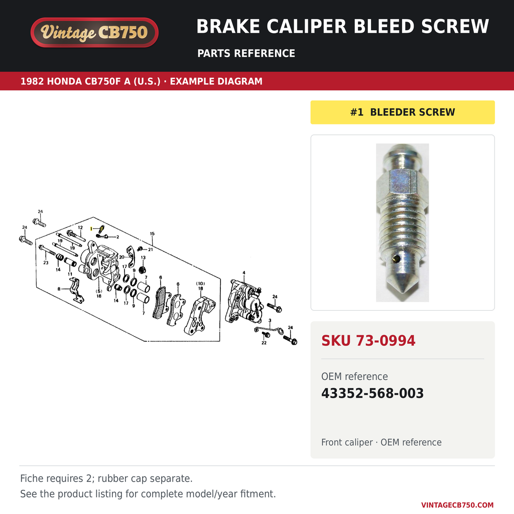 VintageCB750 parts reference, SKU 73-0994. 1982 Honda CB750F A (U.S.; serial limits unverified) example. OEM 43352-568-003.