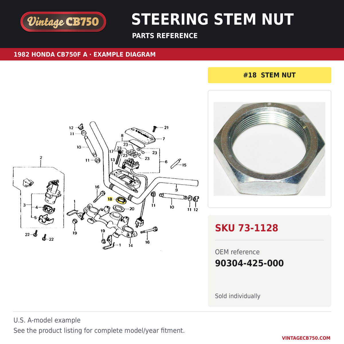 VintageCB750 parts reference, SKU 73-1128. 1982 Honda CB750F A example. OEM 90304-425-000.