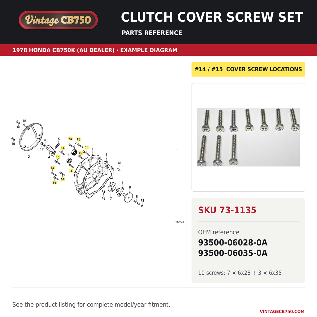VintageCB750 parts reference, SKU 73-1135. 1978 Honda CB750K (AU dealer; serial limits unverified) example. OEM 93500-06028-0A, 93500-06035-0A.