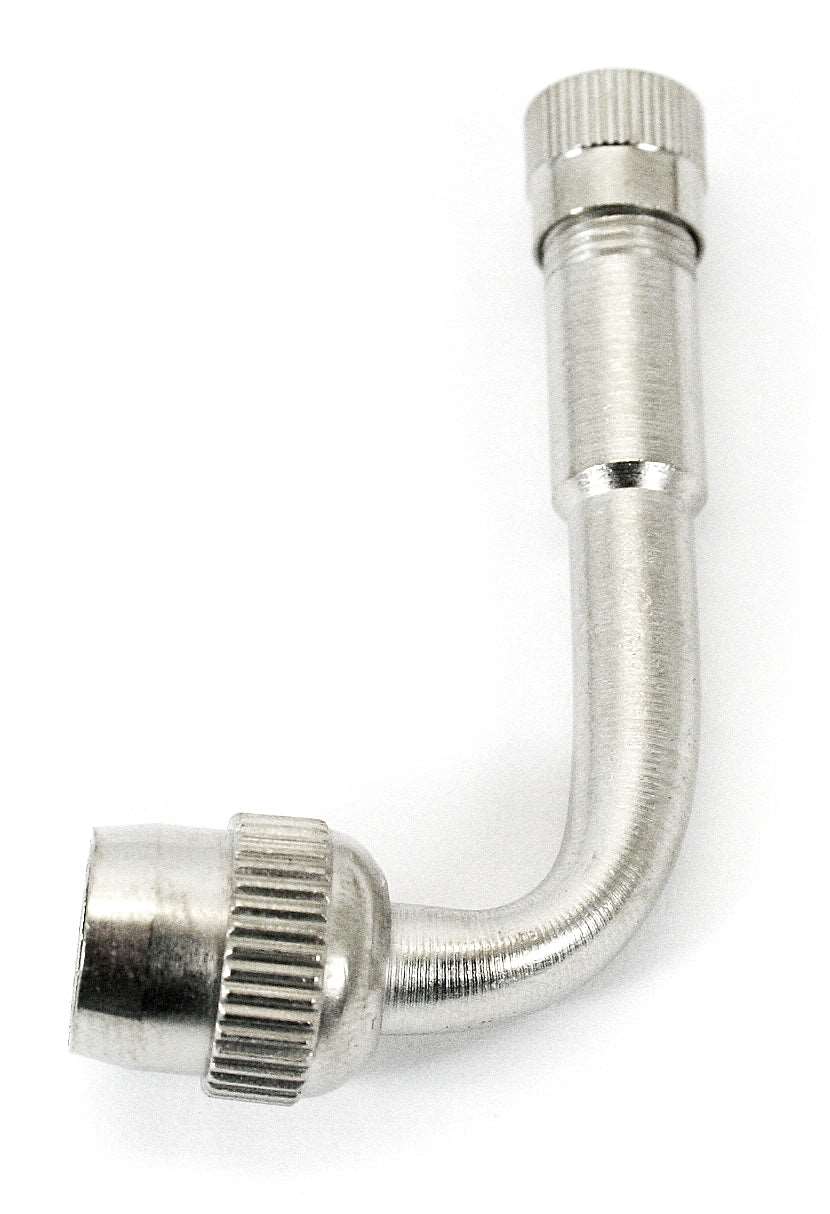 Universal 90 degree tire stem fill valve with plated finish and cap
