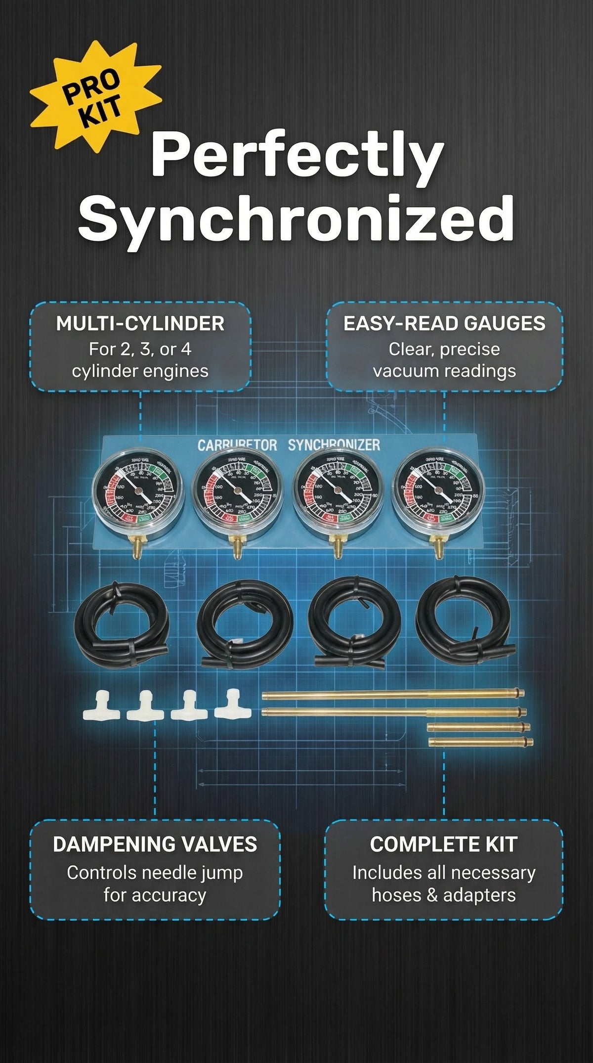 Universal motorcycle carburetor synchronizer vacuum gauge 2,3,4 cylinders
