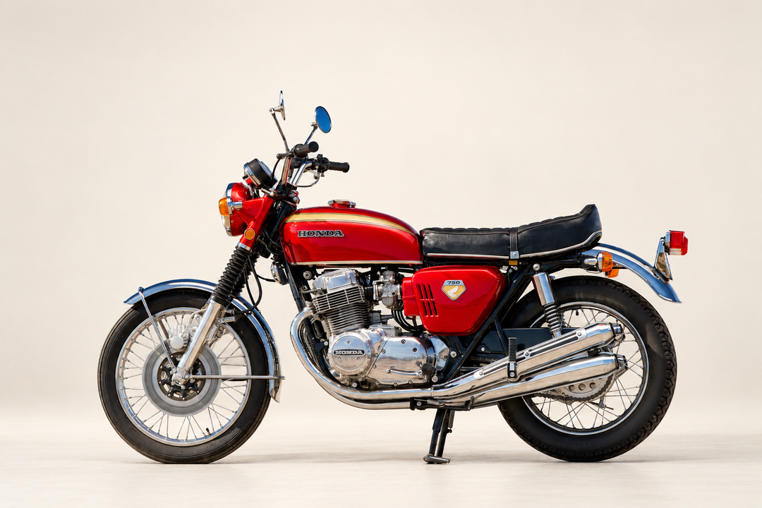 Red 1969 Honda CB750K (K0) motorcycle in side view