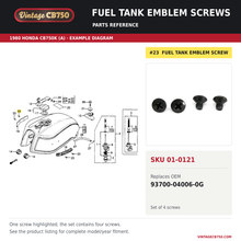 Charger l'image dans la galerie, Fuel tank emblem screws, SKU 01-0121: product photo and 1980 Honda CB750K (A) Fuel Tank fiche with the part location highlighted. Example diagram; check listing for fitment.