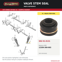 Load image into Gallery viewer, Valve stem seal, SKU 01-0131: product photo and 1974 Honda CB750K4 (A) Valve / Rocker arm fiche with the part location highlighted. Example diagram; check listing for fitment.