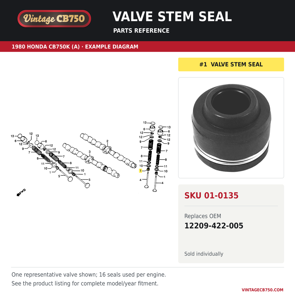 Valve stem seal, SKU 01-0135: product photo and 1980 Honda CB750K (A) Camshaft / Valve fiche with the part location highlighted. Example diagram; check listing for fitment.