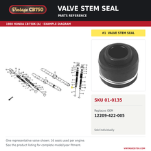 Load image into Gallery viewer, Valve stem seal, SKU 01-0135: product photo and 1980 Honda CB750K (A) Camshaft / Valve fiche with the part location highlighted. Example diagram; check listing for fitment.