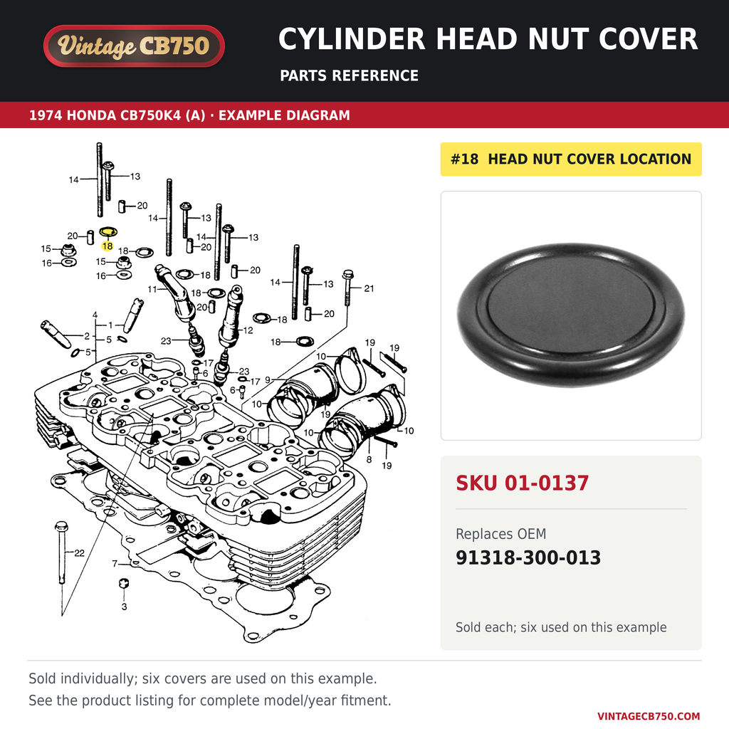 Honda CB750 / CB550 / CB650 Cylinder Head Nut Cover, SKU 01-0137: product photo and reviewed parts fiche. Example diagram; check listing for fitment.