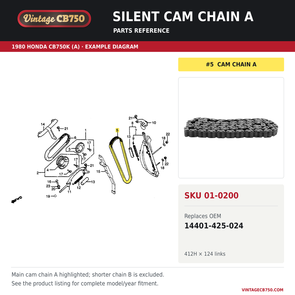 Silent cam chain A, SKU 01-0200: product photo and 1980 Honda CB750K (A) Cam Chain / Tensioner fiche with the part location highlighted. Example diagram; check listing for fitment.