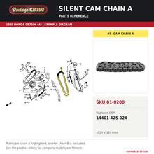 Charger l'image dans la galerie, Silent cam chain A, SKU 01-0200: product photo and 1980 Honda CB750K (A) Cam Chain / Tensioner fiche with the part location highlighted. Example diagram; check listing for fitment.