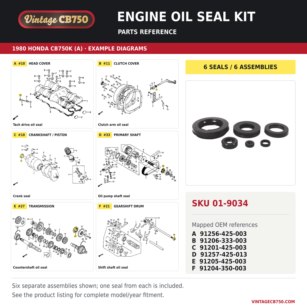 Engine oil seal kit, SKU 01-9034: product photo and reviewed parts fiche. Example diagram; check listing for fitment.