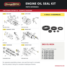 Load image into Gallery viewer, Engine oil seal kit, SKU 01-9034: product photo and reviewed parts fiche. Example diagram; check listing for fitment.