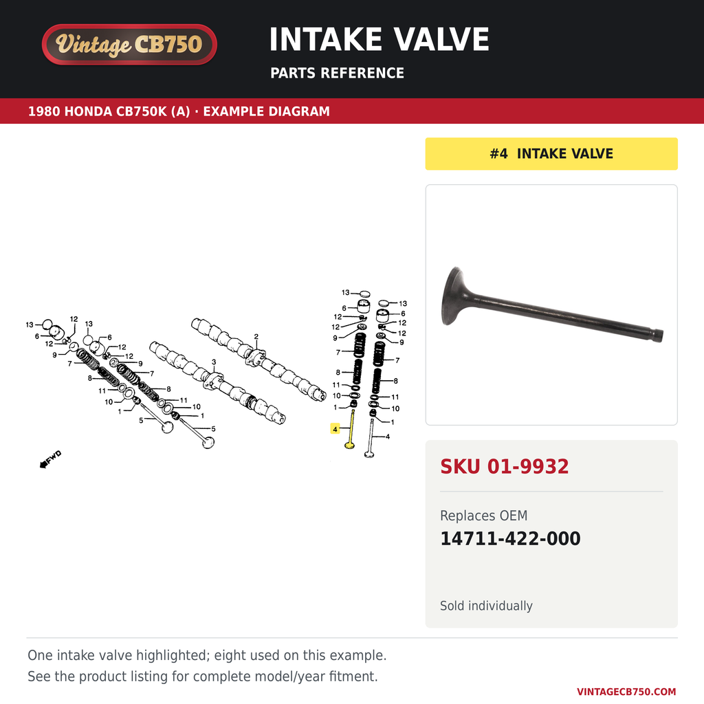 Intake valve, SKU 01-9932: product photo and 1980 Honda CB750K (A) Camshaft / Valve fiche with the part location highlighted. Example diagram; check listing for fitment.
