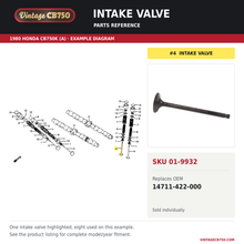 Charger l'image dans la galerie, Intake valve, SKU 01-9932: product photo and 1980 Honda CB750K (A) Camshaft / Valve fiche with the part location highlighted. Example diagram; check listing for fitment.