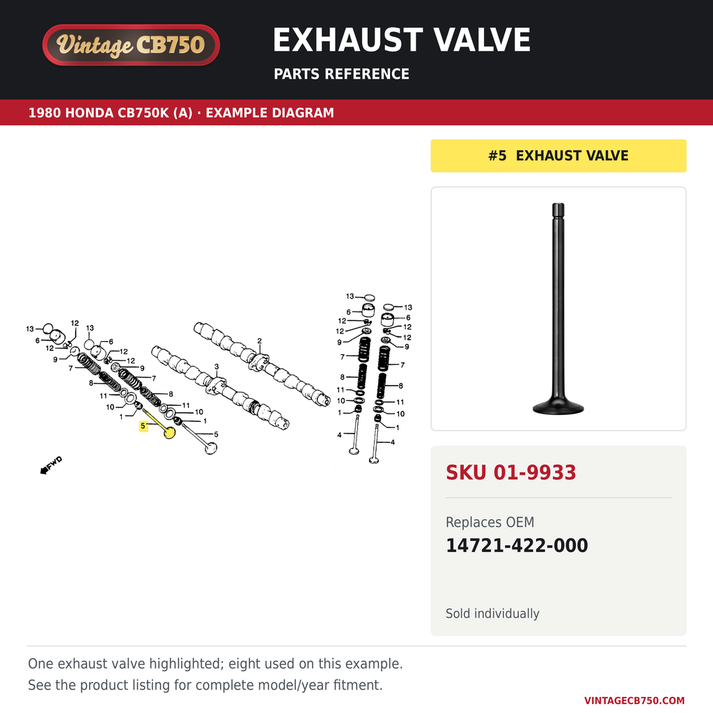 Exhaust valve, SKU 01-9933: product photo and 1980 Honda CB750K (A) Camshaft / Valve fiche with the part location highlighted. Example diagram; check listing for fitment.
