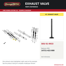 Load image into Gallery viewer, Exhaust valve, SKU 01-9933: product photo and 1980 Honda CB750K (A) Camshaft / Valve fiche with the part location highlighted. Example diagram; check listing for fitment.