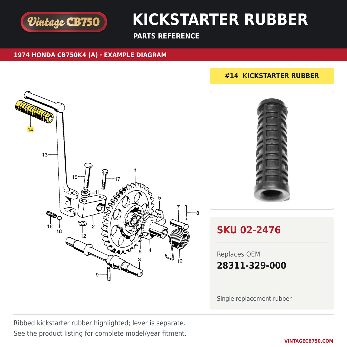 Kickstarter rubber, SKU 02-2476: product photo and reviewed parts fiche. Example diagram; check listing for fitment.