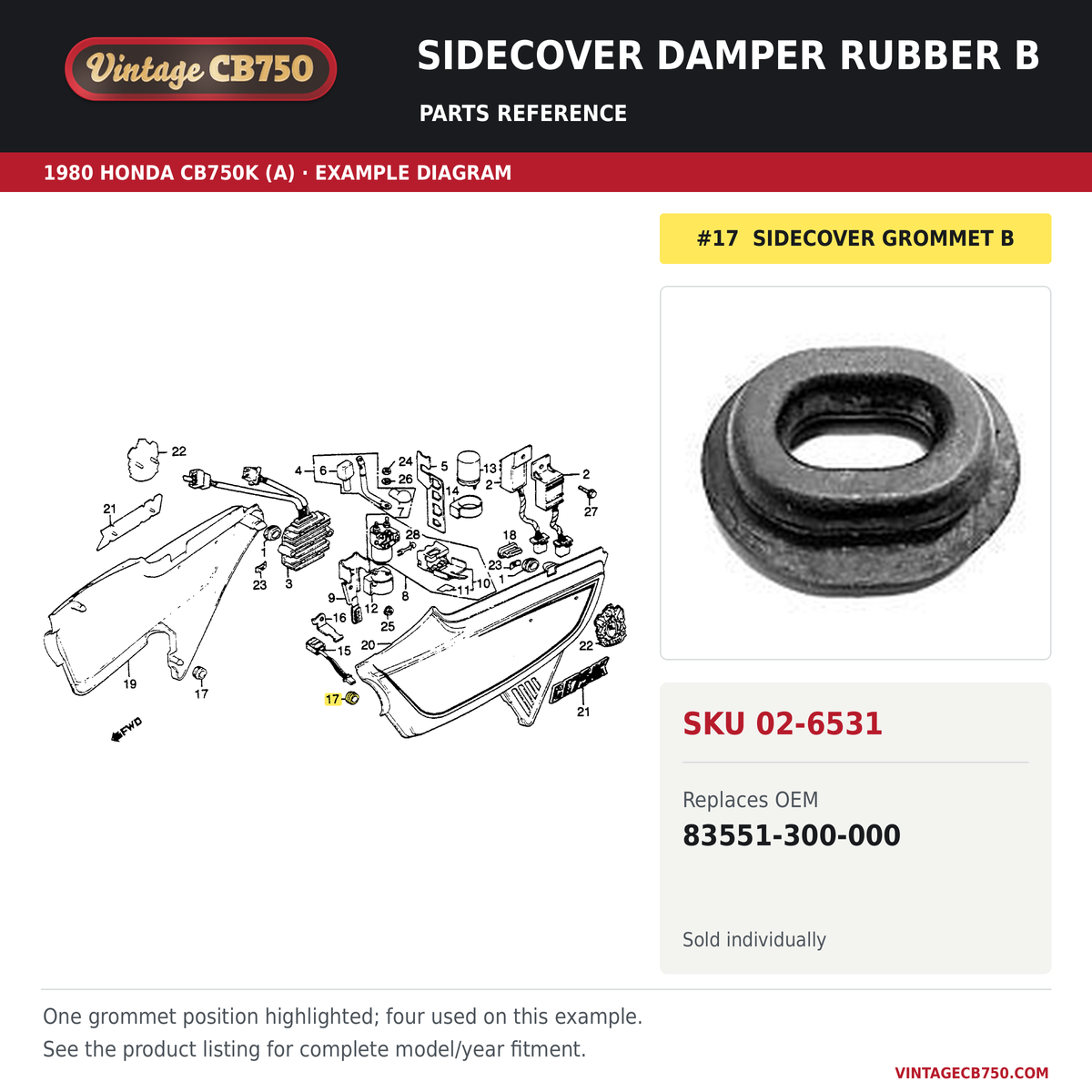 Sidecover damper rubber B, SKU 02-6531: product photo and 1980 Honda CB750K (A) Side Cover / Spark Unit fiche with the part location highlighted. Example diagram; check listing for fitment.