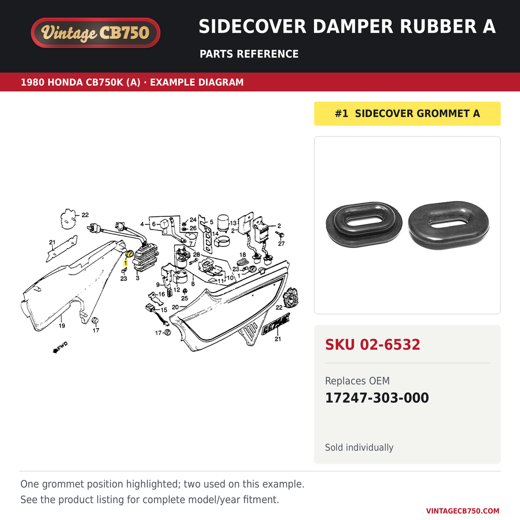Sidecover damper rubber A, SKU 02-6532: product photo and 1980 Honda CB750K (A) Side Cover / Spark Unit fiche with the part location highlighted. Example diagram; check listing for fitment.